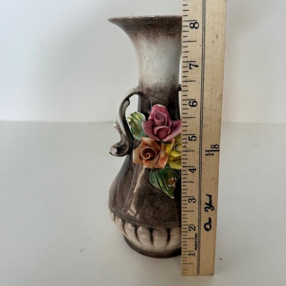 Capodimonte Bud Vase VTG Italian Dual Handles Flared Rim Applied Roses Floral - Picture 8 of 16